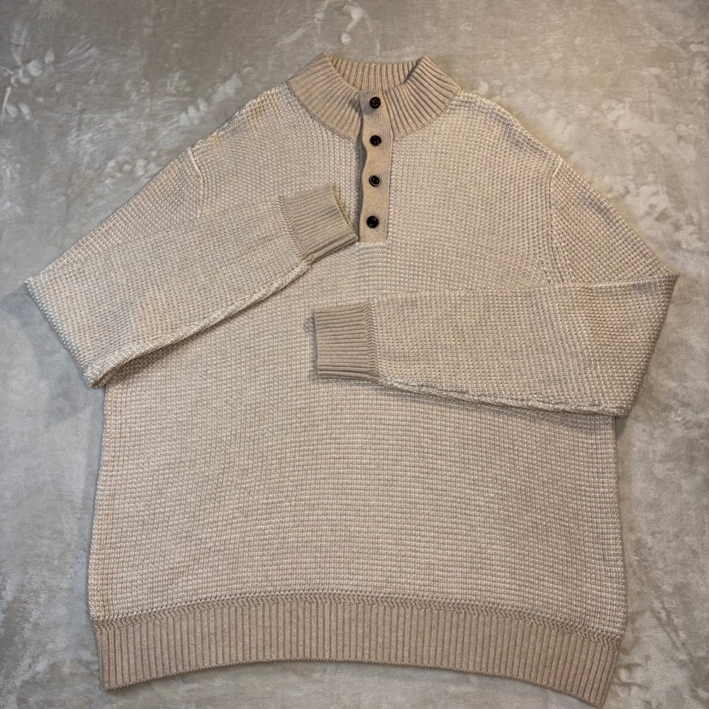 Faherty Mens Cotton Cashmere Quarter Button Waffle Sweater Alpine Khaki 2XL $268
